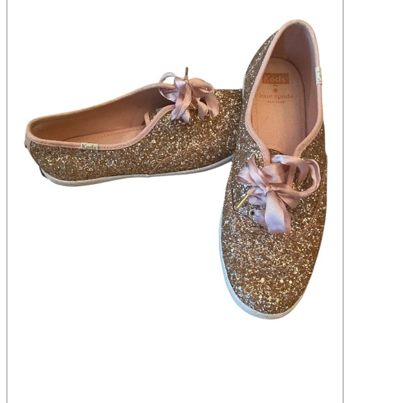 Keds X Kate Spade Glitter Sneakers Pink Rose Gold with Satin laces Size 8.5 - Picture 2 of 7